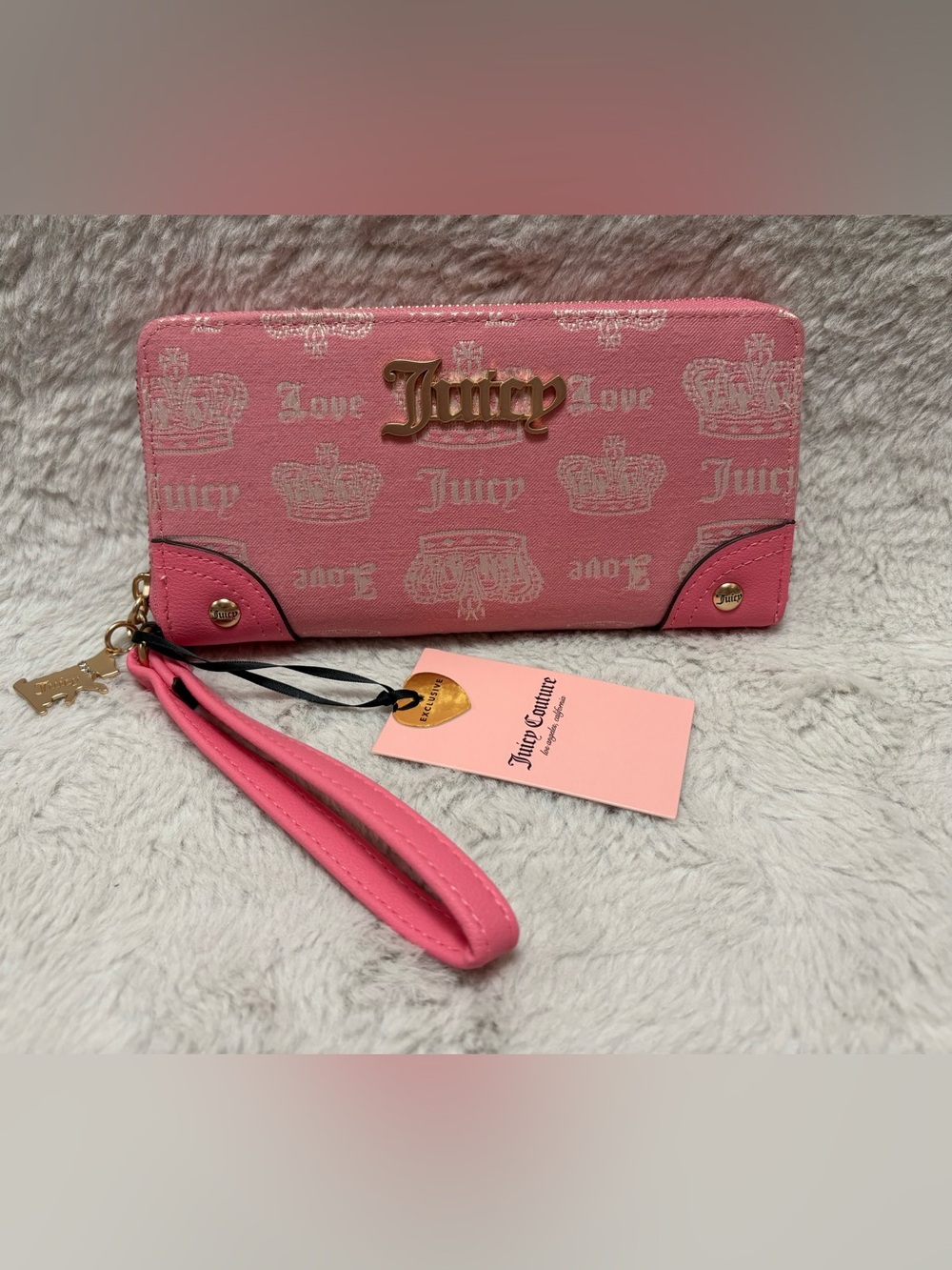 Juicy Couture Pink Logo Wristlet with Gold Hardware